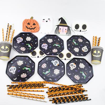 Halloween Cartoon Theme Skeleton Vampire Witch Paper Plates Cups Straw Banner Disposable Tableware Balloons Party Decorations