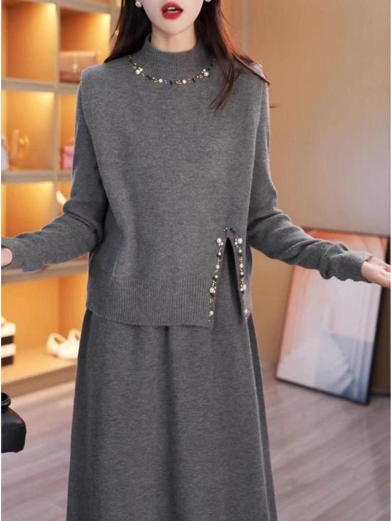 Beaded Knitted Two-Piece Mid-Length Dress - 2025 Autumn/Winter Korean Style