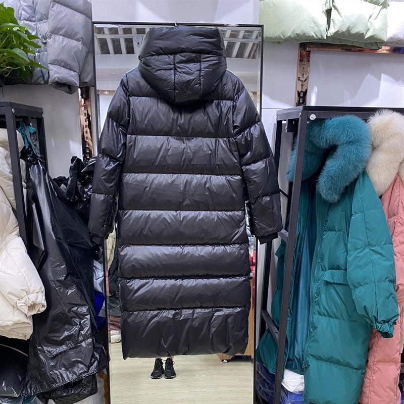 Women Loose Fit Long Hooded Padded Jacket Winter Coat White Duck Down Stand Collar Zipper Pocket Solid Color All Match