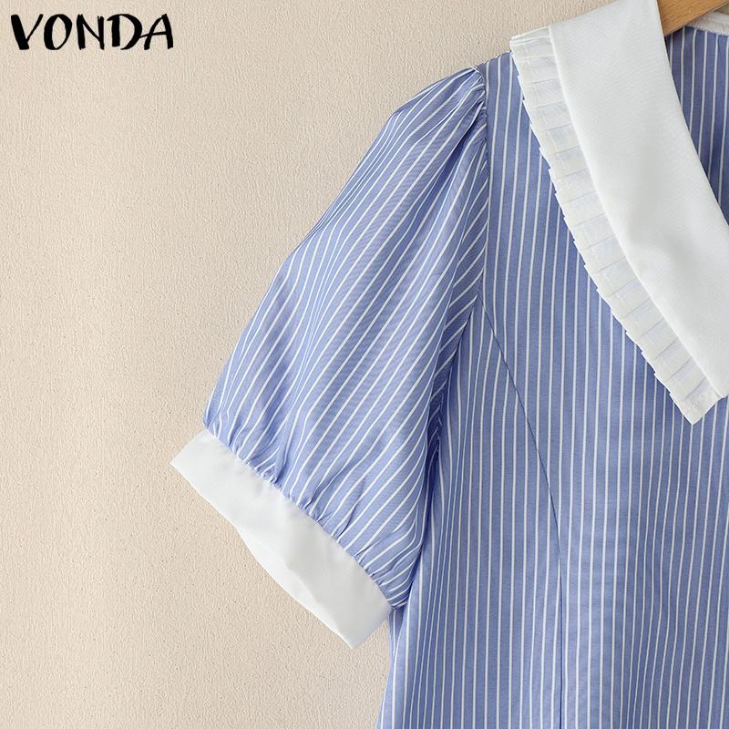 VONDA Women Lapel Short Sleeve Patchwork Striped Print Buttons Casual Blouse