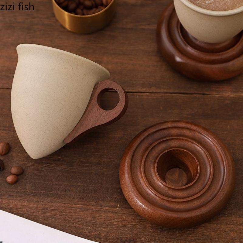 Coarse Pottery Coffee Cup Wooden Pallet Sharp Bottomed Water Cups Breakfast Cups Coffee Mug Afternoon Tea Cup Milk Mug