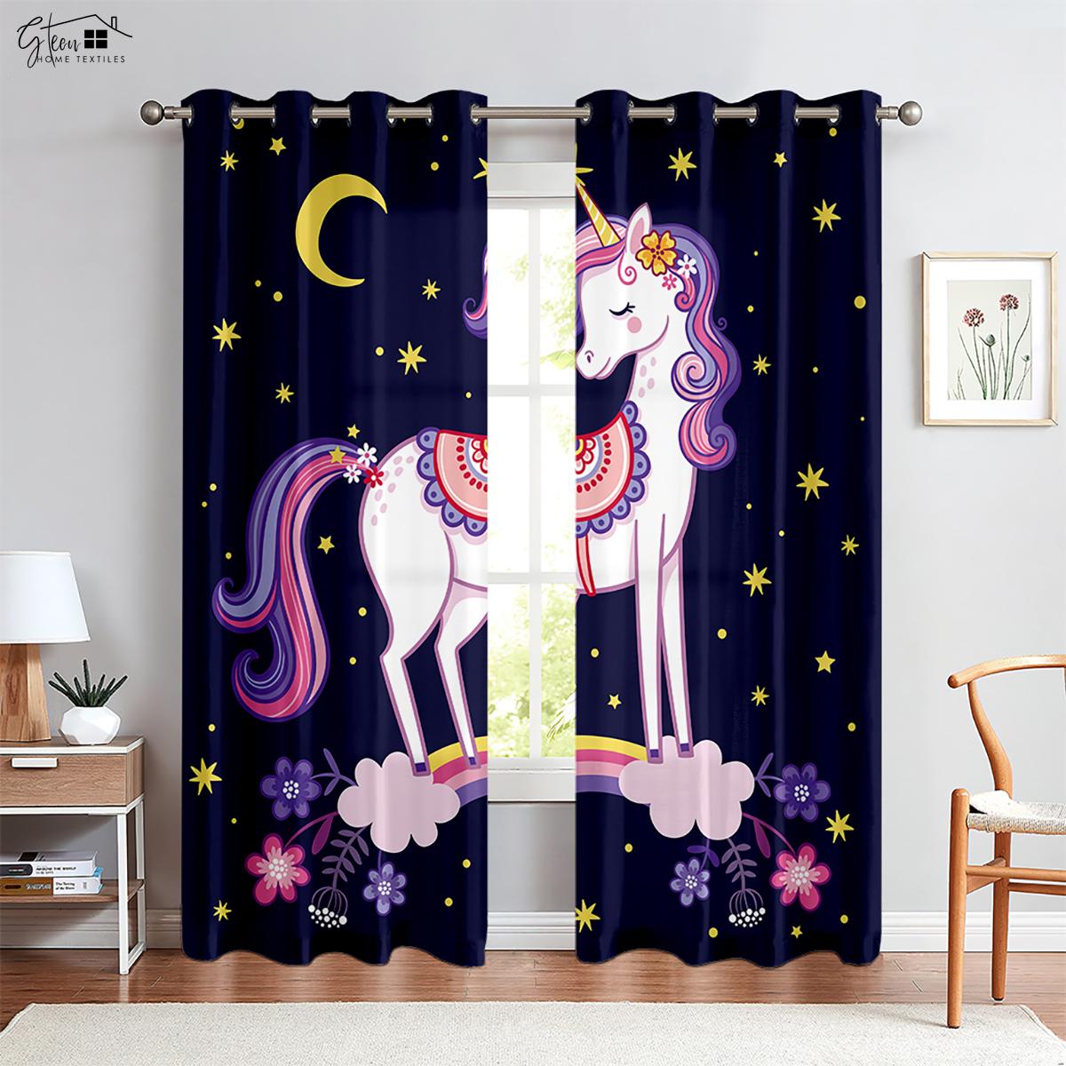 

Шторы с принтом Звезда Единорога Детские Космические Мультяшные Декоративные Шторы Шторы для Гостиной Космические Шторы для Кабинета Домашний Орнамент W50xH130(CM)x2PCS&Grommet Top