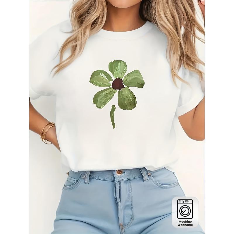 

Women s Floral Print Short Sleeve T-Shirt - White, Regular Fit Casual Round Neck Top, Machine Washable for Spring, Summer, and Autumn 4XL білий
