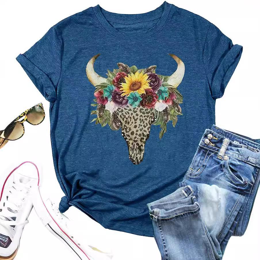 Nové dámské volné tričko s kulatým výstřihem a krátkým rukávem s 3D potiskem hlavy krávy