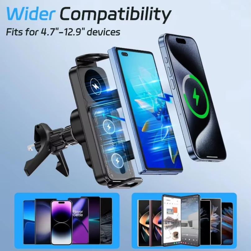 Fold Screen Car Fast Wireless Charger Dual Coil Stand For Samsung Galaxy Z Fold 6 5 4 S24 Ultra iPhone 16 15 14 Pro Max Xiaomi