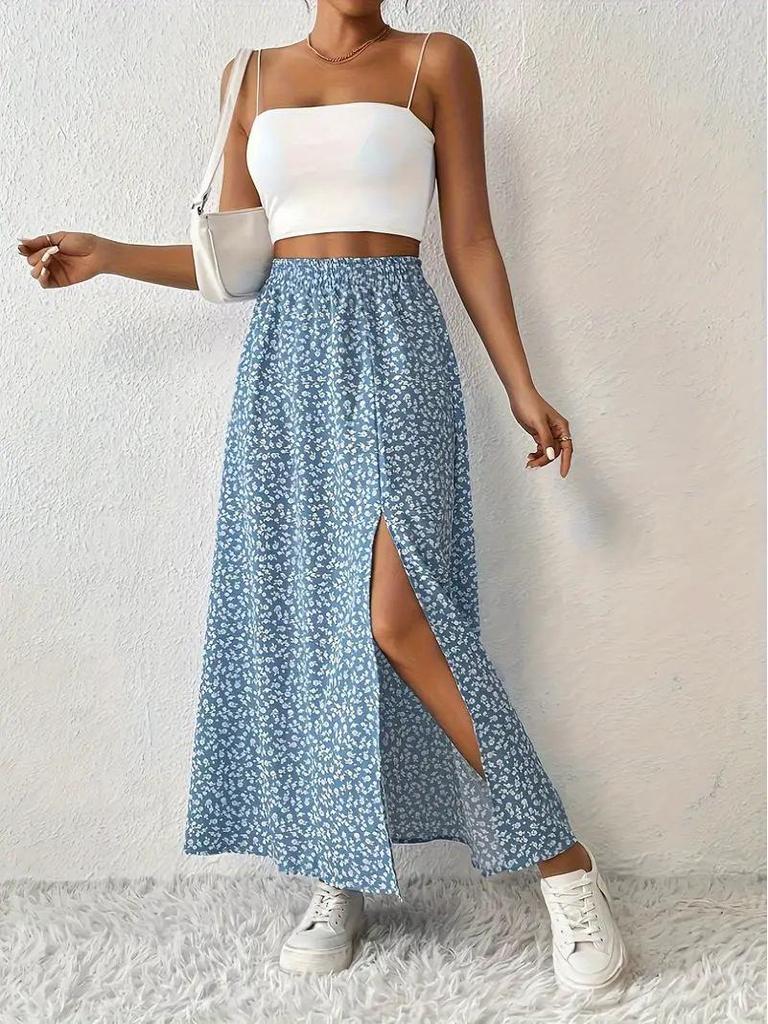Women's Vintage High Waist Printed Long Skirt with Side Slit - Spring/Summer