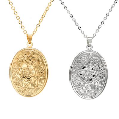 Locket Pendant Necklace Oval Carved Hold Photo Pendant Necklace Carved Pattern Oval Round Pendant Necklace for Women Men