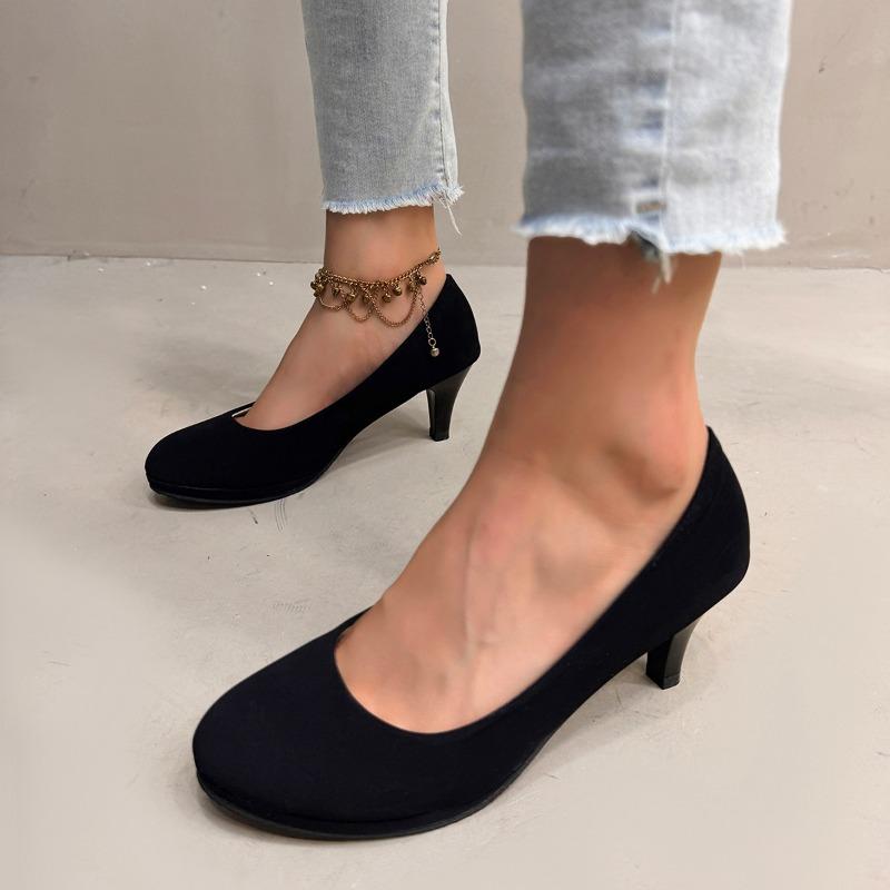 Fashionable Korean Style Round Head Solid Color Velvet High Heel Professional Work Shoes for Women Spring Autumn New Arrival