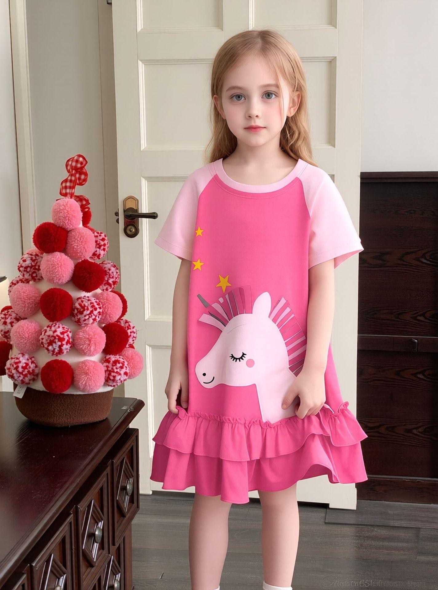 Girls Summer Cotton Short Sleeve Dress with Cute Unicorn Applique 90