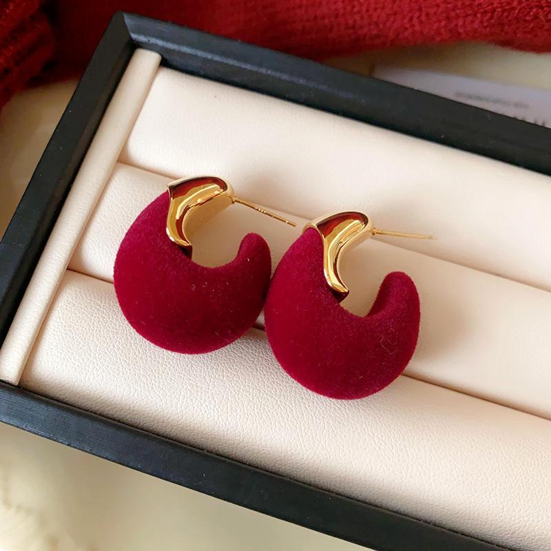 Retro Hong Kong Style Red Flocking Geometric Round Earrings Earrings Fashion Personality Temperament Earrings Women