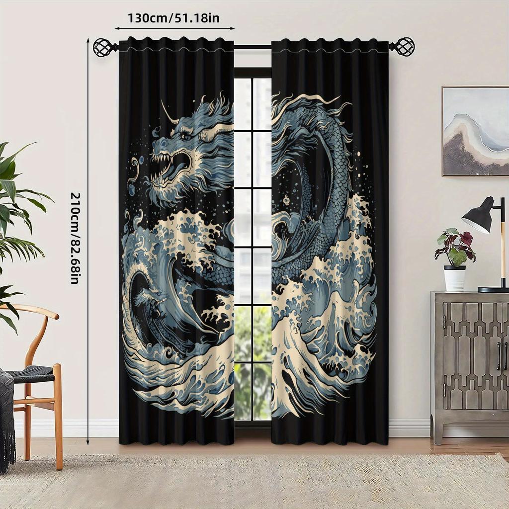 2pcs Dragon Design Blackout Curtains Polyester Retro Japanese-Inspired Dragon & Wave Art, Grommet Top for Easy Hanging