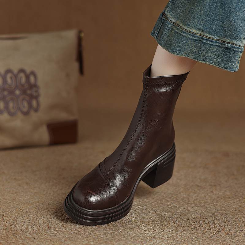 Krazing Pot Sheepskin Winter Round Toe Modern Platform Boots Thick High Heels Zipper Women Ankle Boots