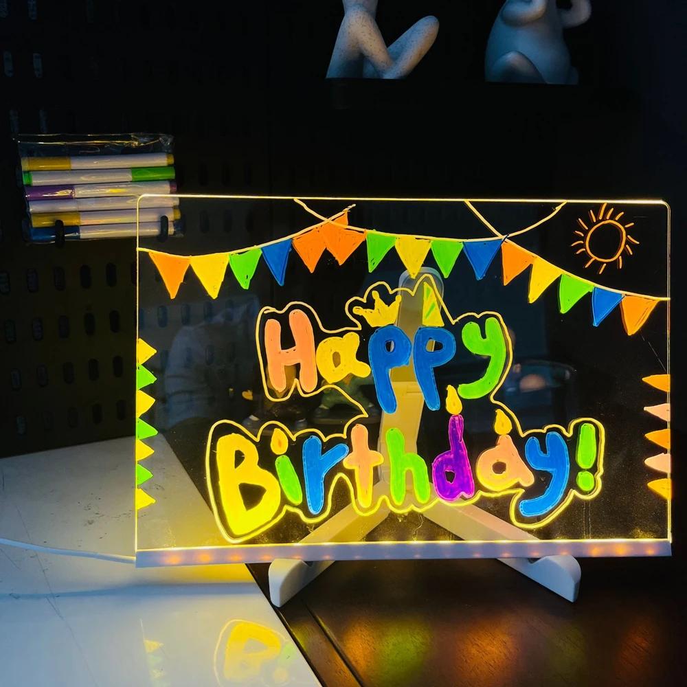 LED Note Board Night Light With Colorful 7 Pens DIY Acrylic Message Board Erasable Painting Drawing Board For Kids Birthday Gift