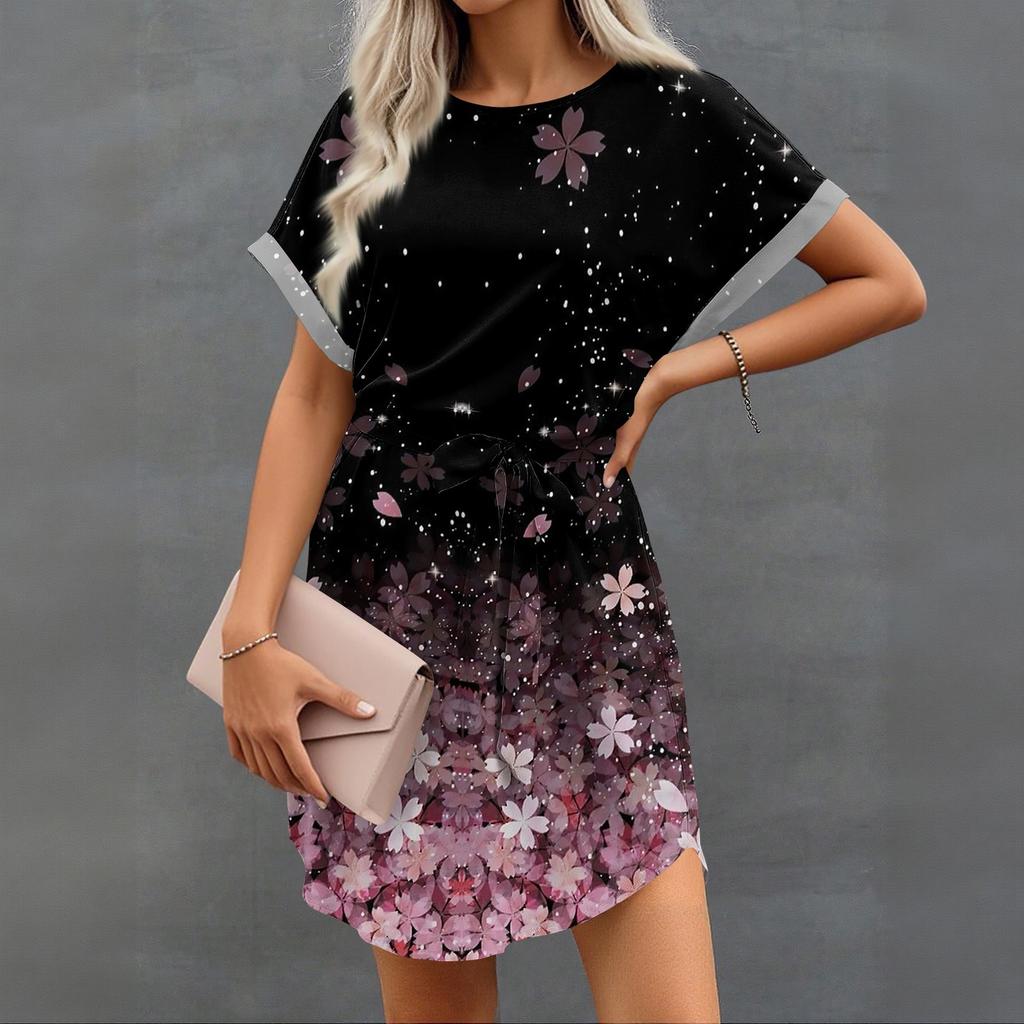 Womens Summer Short Dresses O Neck Casual Batwing-Short Sleeve Belted Dress For Women