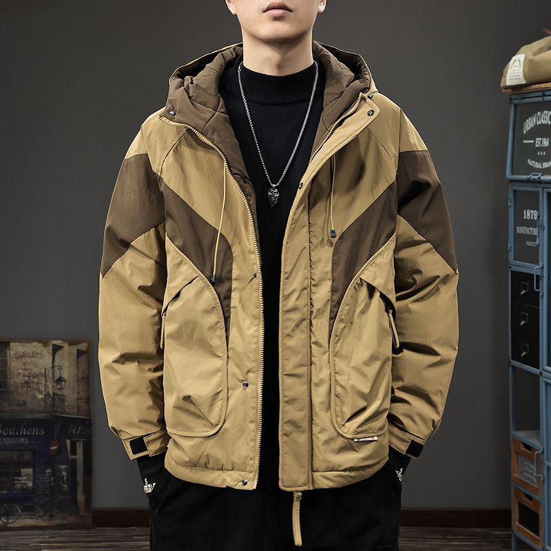 2025 Winter Men's Trendy Color Block Hooded Cotton Jacket: Loose Fit Casual Workwear Outerwear