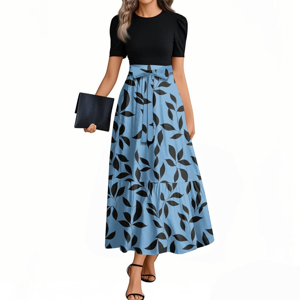 Women's Fashion Casual Belt Short Sleeve Round Neck Floral Stitching Elegant Temperament Dress