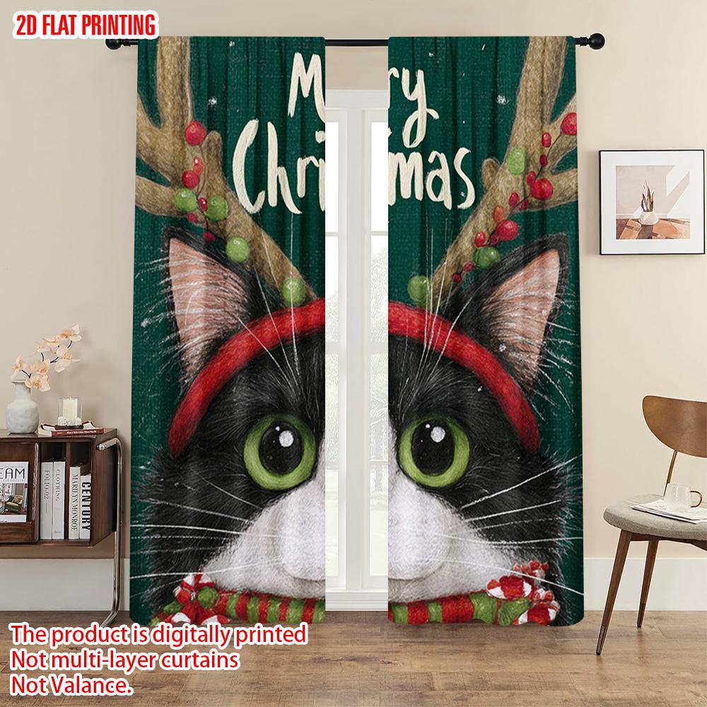 2pcs  2D plane printing Curtains Digital Printed Winter Black Cat Versatile Polyester Fabric (without rod) Holiday Ldeal for