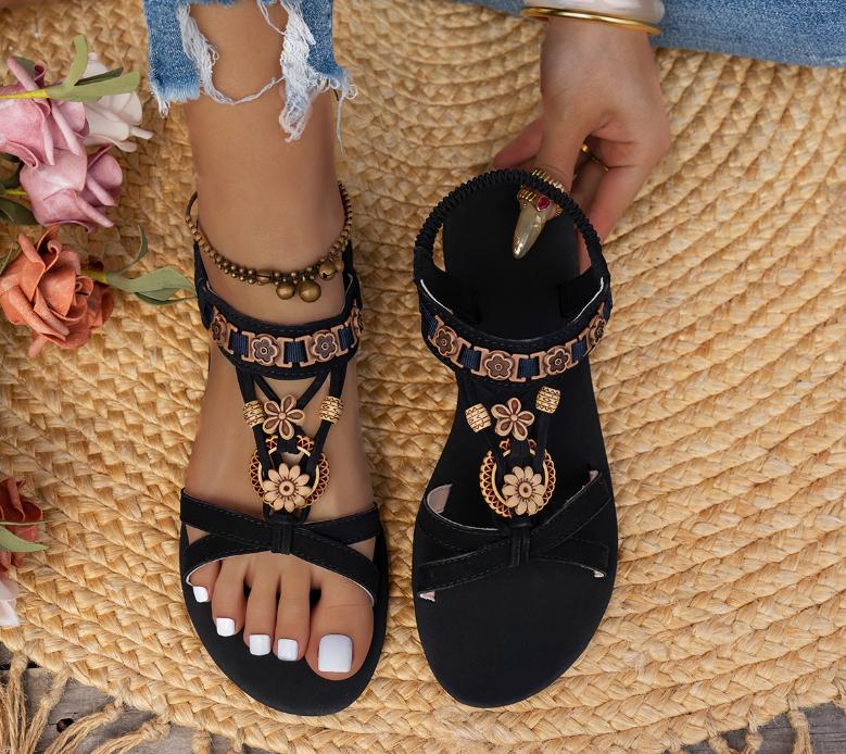 Модные женские сандалии в стиле ретро с цветочным принтом летняя обувь для шитья 36 чёрный 1676₽