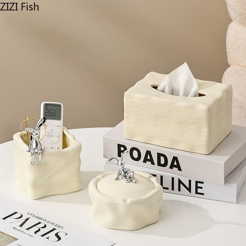 Water Ripple Ceramic Tissue Box Coffee Table Desk Decoration Minimalism Silver-plated Tissue Box Bedside Table Paper Towel Case