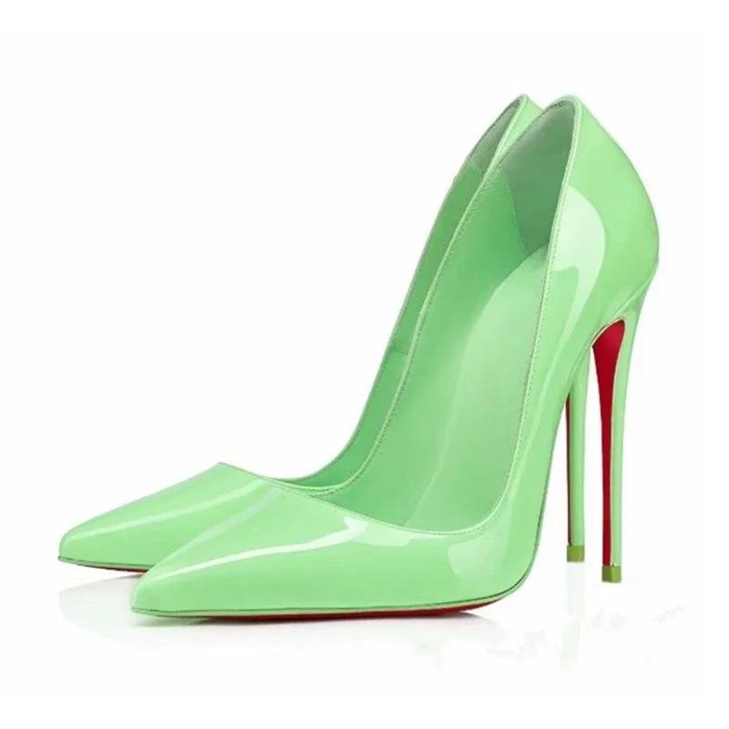 Fashion Multi colored d 12cm super high heels in pink and white patent leather, sexy and fashionable pointed thin single shoes