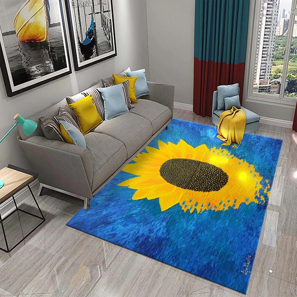 3D Oil Painting Sunflower Carpet for Living Dining Room Bedroom Kitchen Van Gogh Sunflower Nursery Rug Floor Non Slip Area Rug