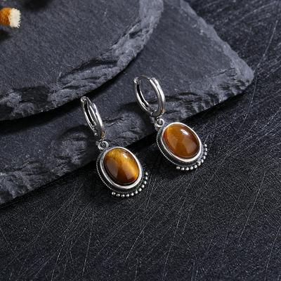 Fine S Silver Natural Tiger Eye Earring for Women Vintage Elegant Labradorite Moonstone  Wedding Birthday Gift