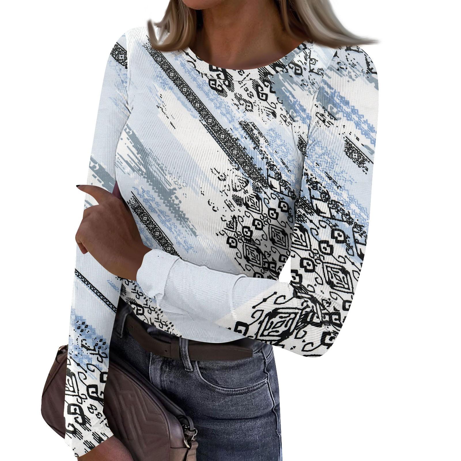 

Женская осенне-зимняя футболка с тонким низом, модная повседневная футболка с круглым вырезом и принтом, длинный рукав XXXL синий