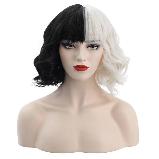 Cruella Wig Vivid Styles Wavy High Temperature Fiber Half Black Small Short Curly Cos Wig Cosplay Tools
