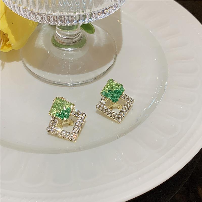 111 silver needle rhombus super flash green crystal earrings temperament new trendy geometric stud earrings design sense versatile earrings