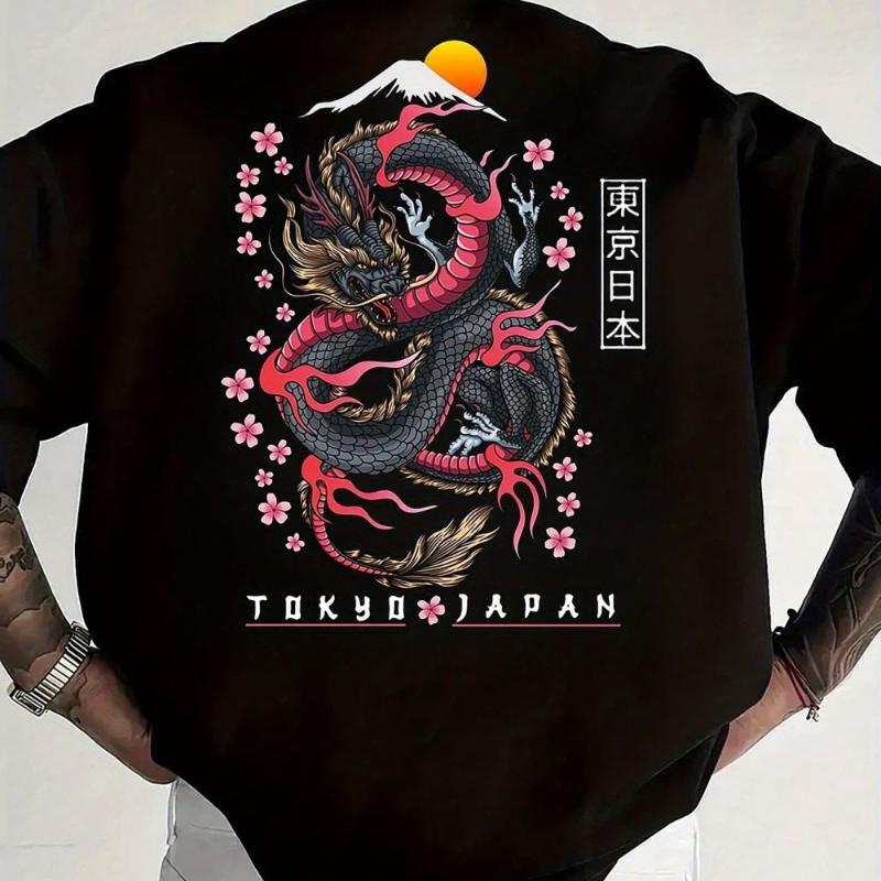 Fashionable Men's Summer New Dragon Print Flower Comfortable Breathable Round Neck T-shirt Outdoor Street Style Top