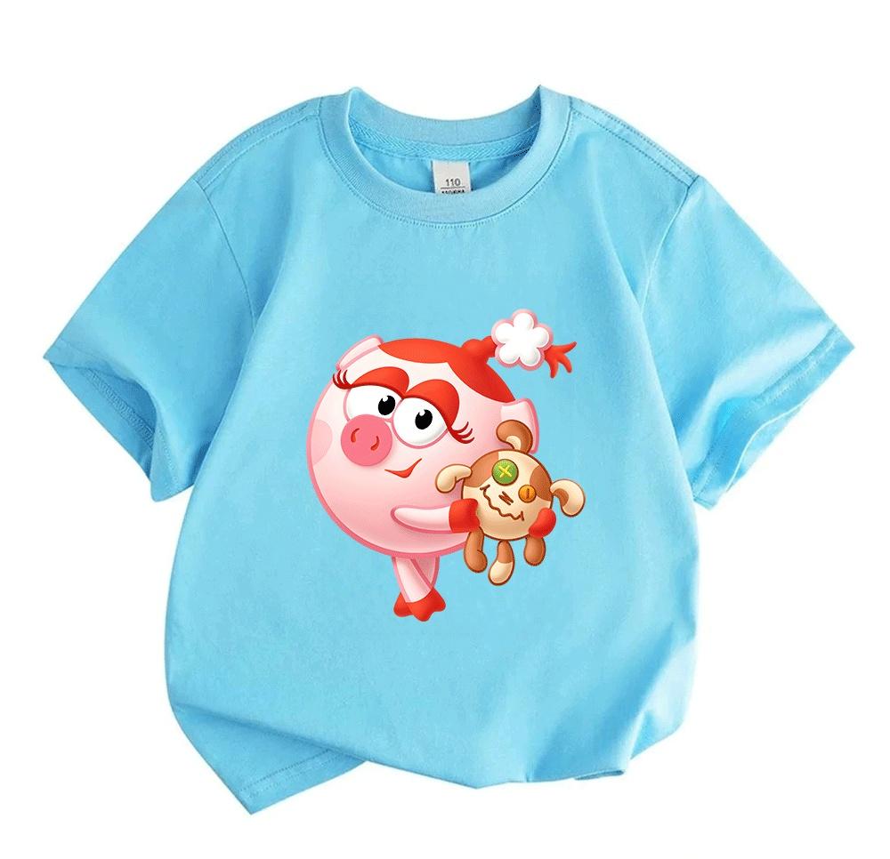 Kids Boys Girls Crew Neck Short Sleeve 100% Cotton T-Shirt Cute Cartoon Pink Pig Character Print Casual Soft Breathable Tees for Toddlers