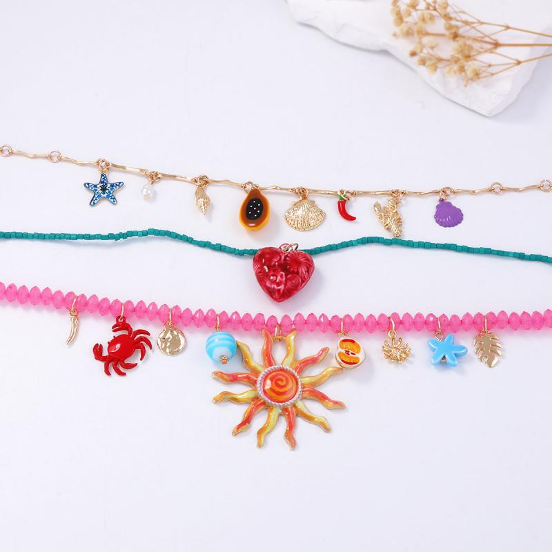 Vintage Sun Heart Conch Crab Pendant Necklaces for Women Candy Color Rice Beads Enamel Multi Layer Necklace Jewelry Gift
