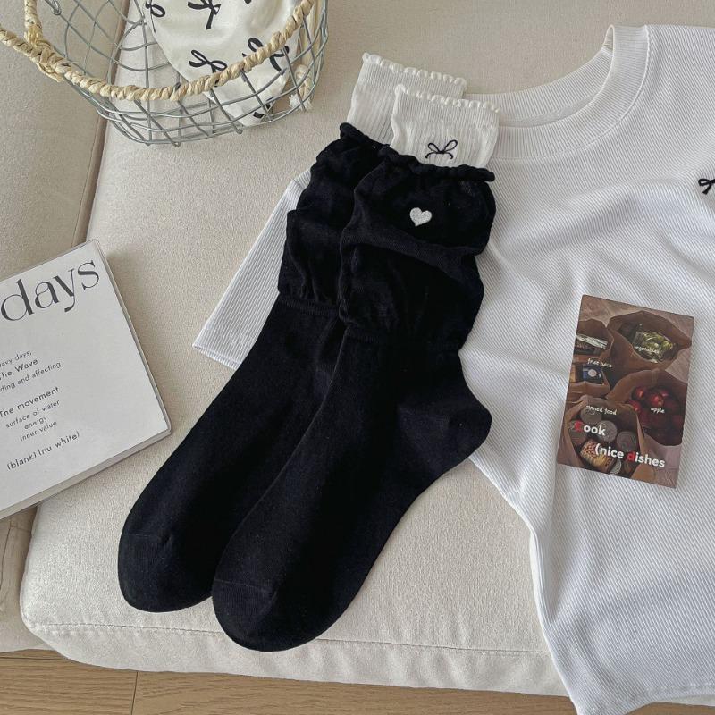 Ballet-style Dui Dui Socks for Women, Spring and Summer Embroidered Bow, Heart-shaped Mid-calf Socks, Double-layer Cotton Socks