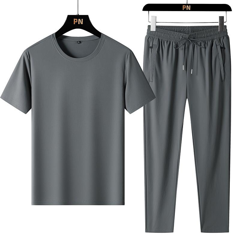 Summer Thin Ice Silk Plus Size Short Sleeved Set for Men's Sports and Leisure, Loose Fit Fitness, Quick Dry Ice Sensation Two-piece Set