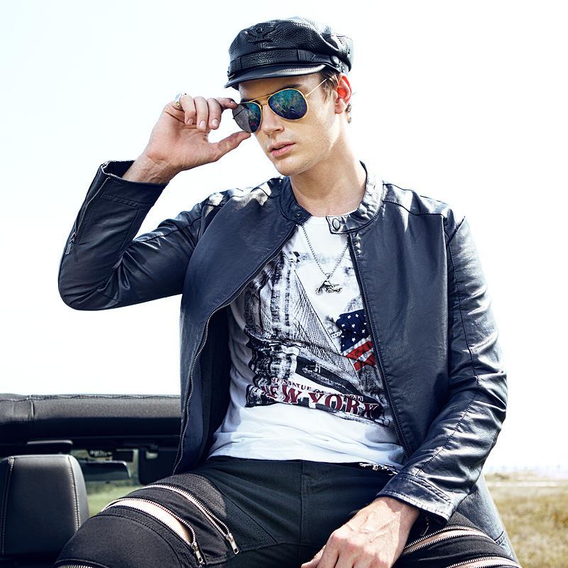 

Мужская кожаная одежда на весну и осень, британская мужская мотоциклетная куртка из искусственной кожи XXXL ультрамарин синий