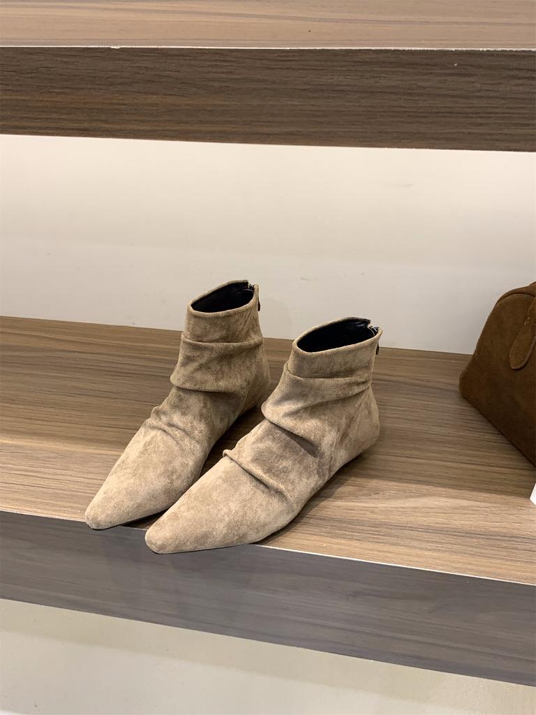 Thick Heel Square Head Suede Pile Boots Short Boots Women's Boots 2025 Spring and Autumn French Small Naked Boots Khaki Martin Boots