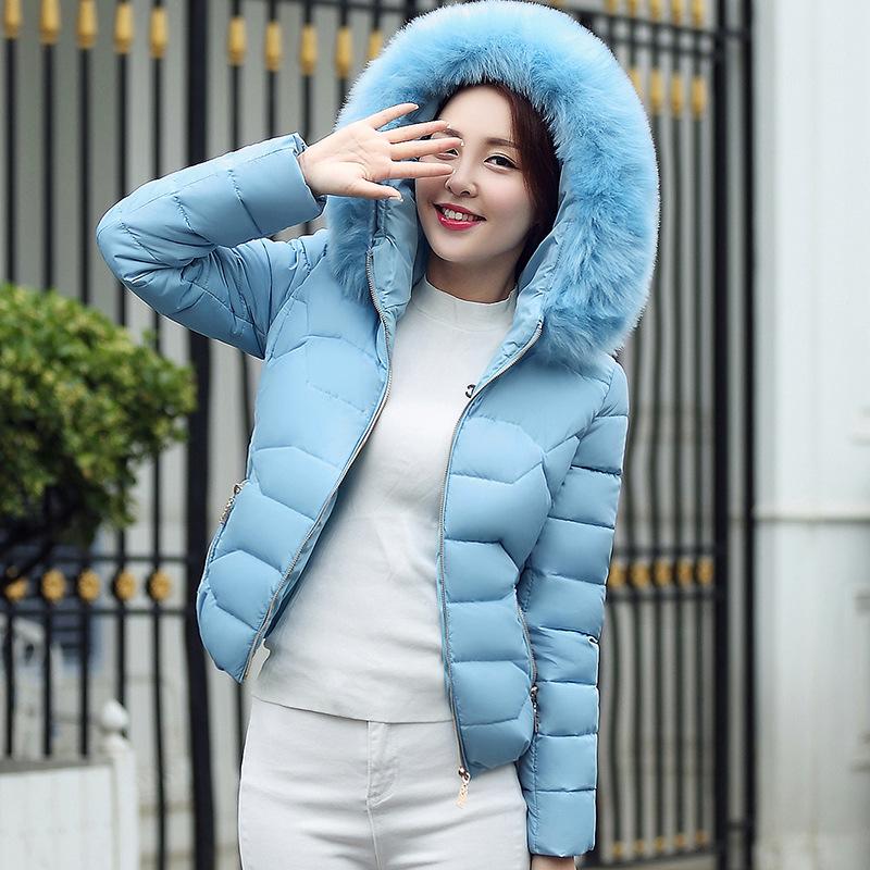 New short women's cotton-padded jacket with big fur collar and hooded short slim-fitting thin down cotton-padded jacket for women