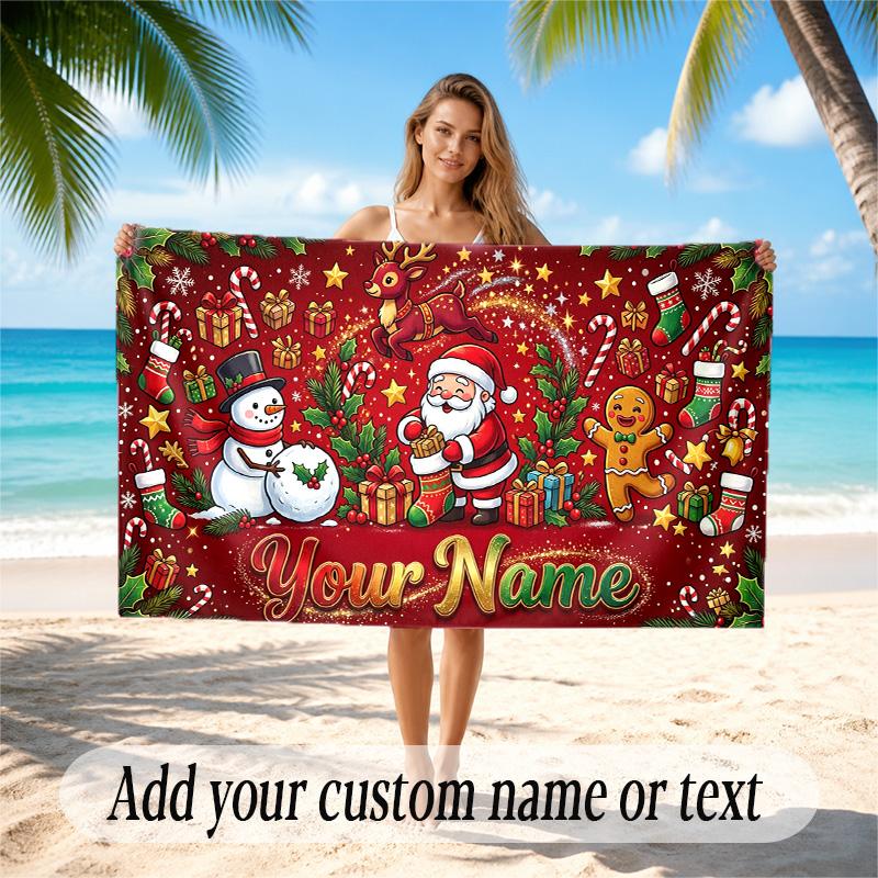 Christmas Theme Quick Dry Beach Towel Custom Name Text Print Large Sand Resistant Towel Beach Vacation