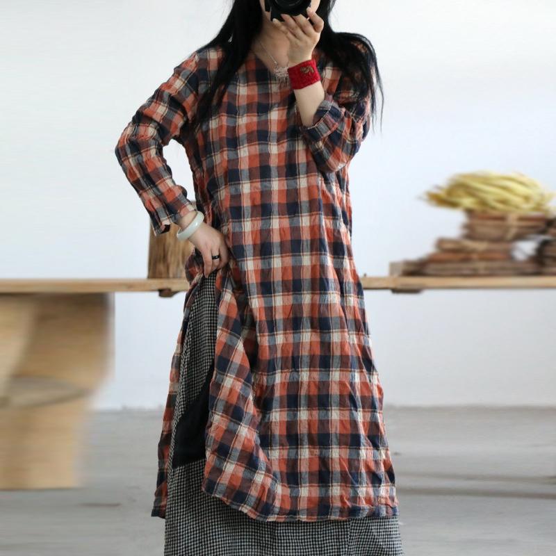 Johnature Women Plaid Dress V-Neck Long Sleeve Vintage Button Clothes Summer Chinese Style Loose Casual Dresses