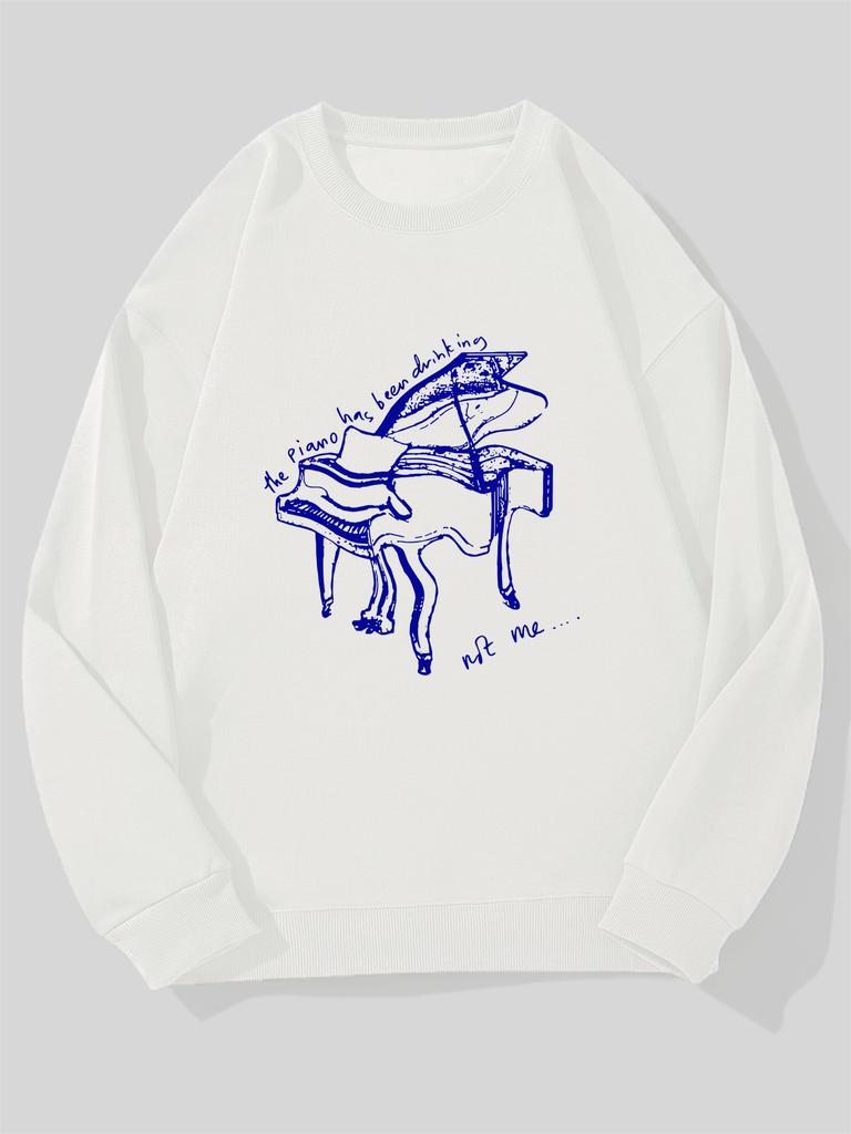 Men'S Casual Round-Neck Sweatshirt with a Piano Drinking Design