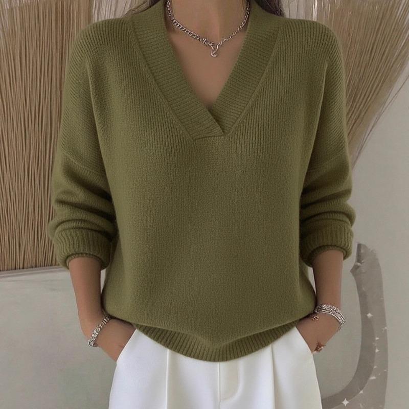 2025 Knitted V-neck Loose Sweater Autumn and Winter New Solid Color Casual Fashion Women's Sweater