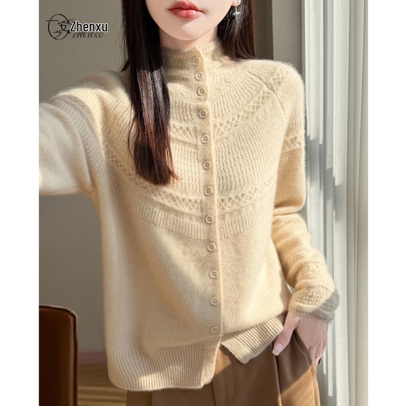 Women's 100% Wool Semi-High Neck Hollow-Out Sweater
