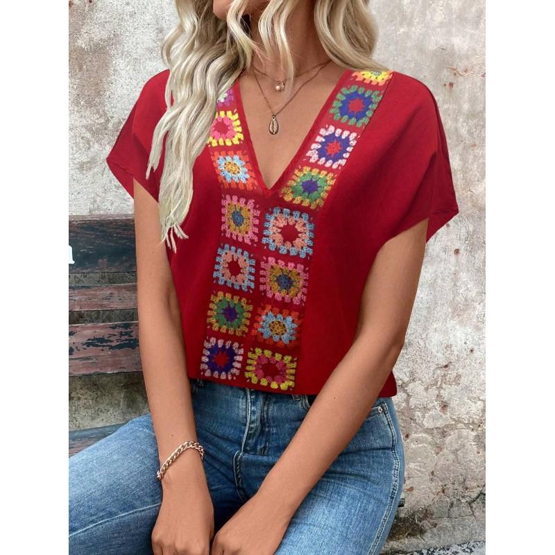 Womens V-Neck Short Sleeve T-Shirt Loose Fit Casual Print Top Slimming Elegant Basic Tee