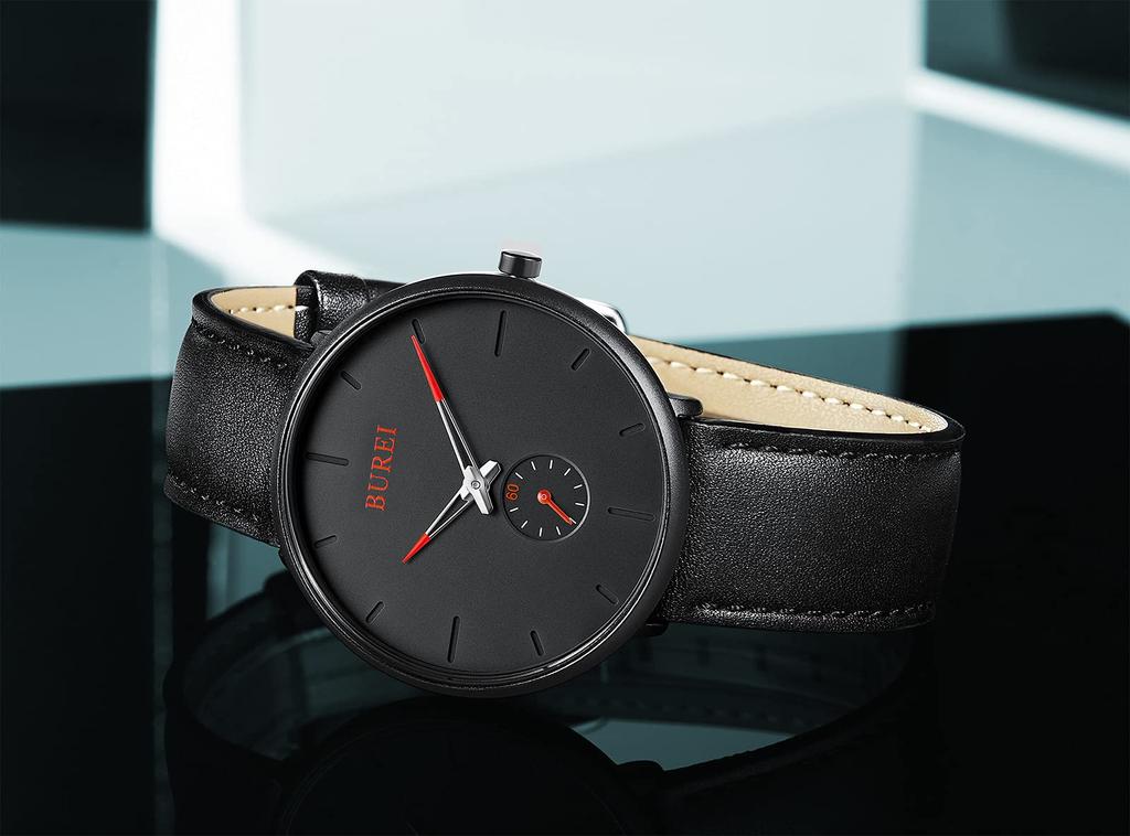 BUREI Men's Black Watch, Simple, Stylish, Popular, Waterproof, Stylish Brand, Men's Watch (Black-Black-Red, Leather)