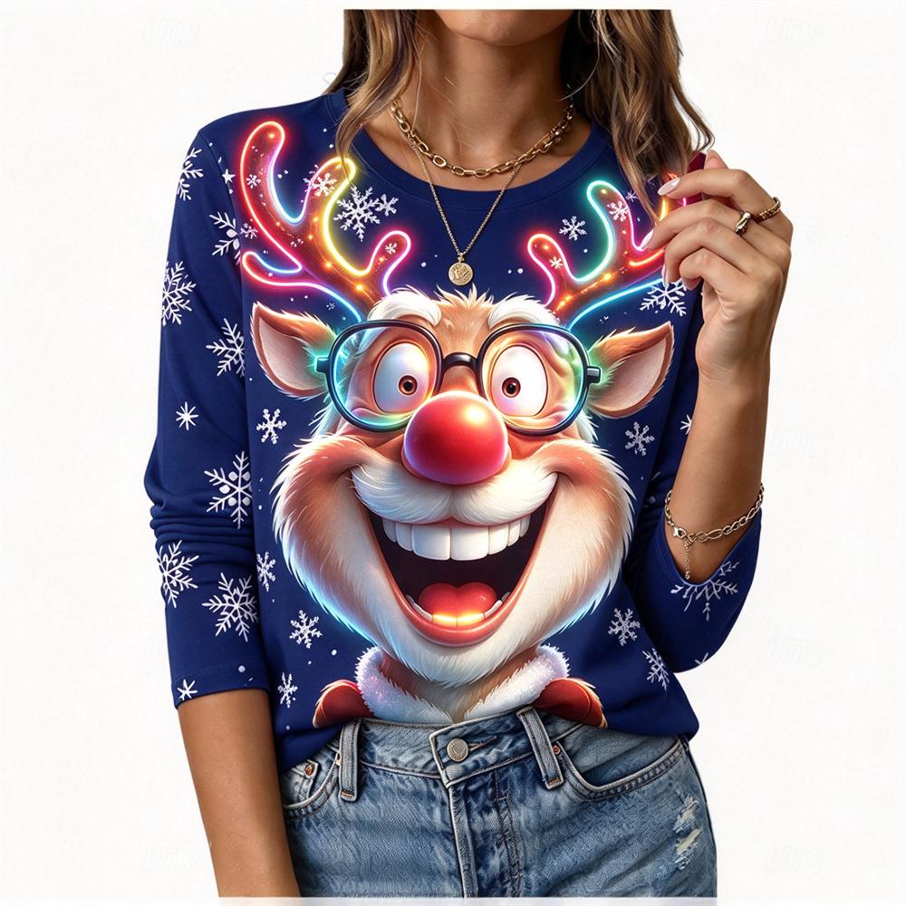 Funny Elk T-shirt Autumn/Winter Women's Christmas Long sleeved T-shirt Cotton Women Christmas Holiday Party Graphic T-shirt Tops
