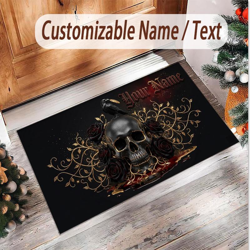 Tappeto Morbido in Velluto di Cristallo Tema Gotico Teschio Stampa Personalizzata Nome e Testo Tappeto Antiscivolo per Camera da Letto Soggiorno