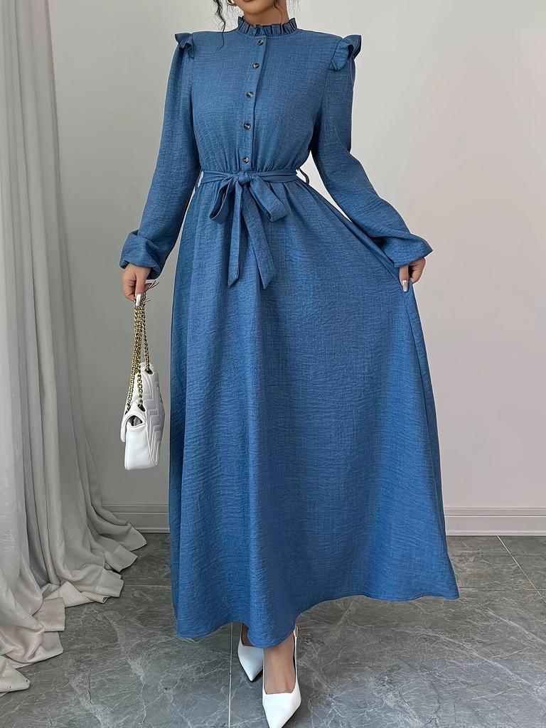P231TEMU Retro Stehkragen Rüschenkleid mit Taillenbindegürtel - Frühlings-/Herbststil
