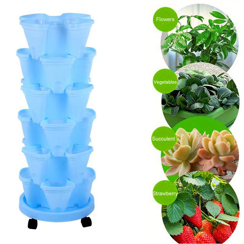 Vertical Planter Tower Garden, 6 Tiered Planter Stackable Herb Garden Planter with Movable Casters and Bottom Indoor and Outdoor