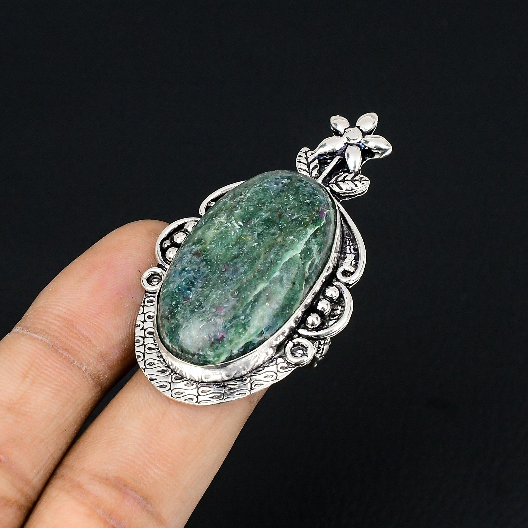 Gift For Her Natural Ruby Fuchsite Statement Flower Ring Size 8.5 925 Silver 8.5