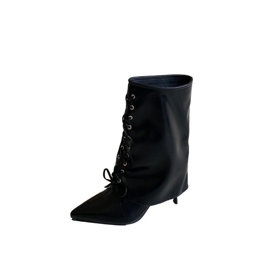 2025 autumn and winter new thin heel temperament thin lace-up boots pointed head Korean version high heel